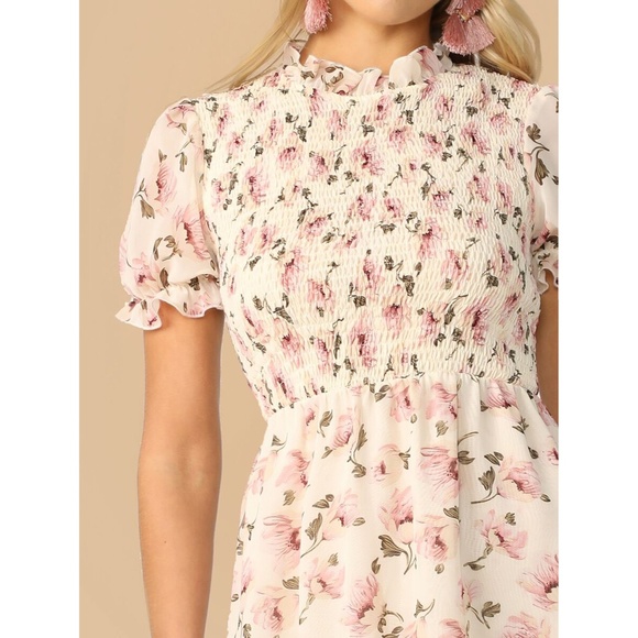 Beige Floral Ruffle Hem Shirred Fit & Flare Dress - Picture 4 of 6